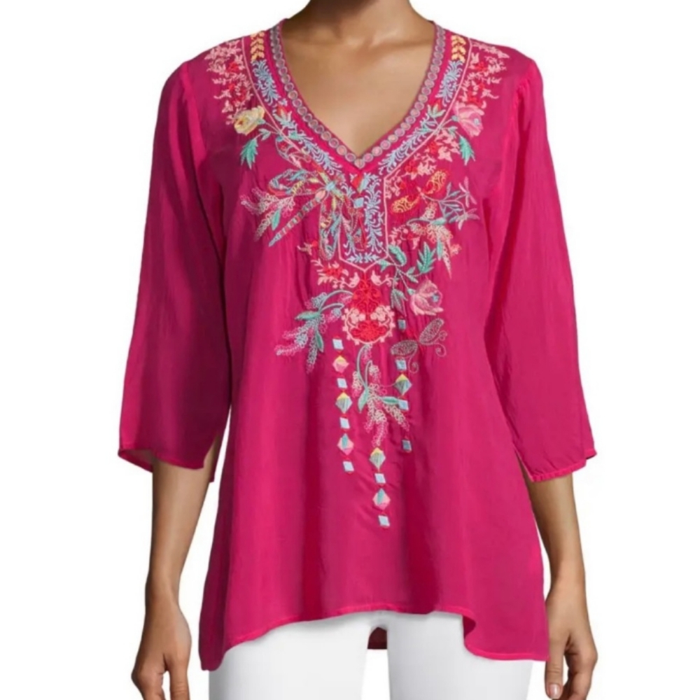 Johnny Was Pink Floral Dragon Fly Top